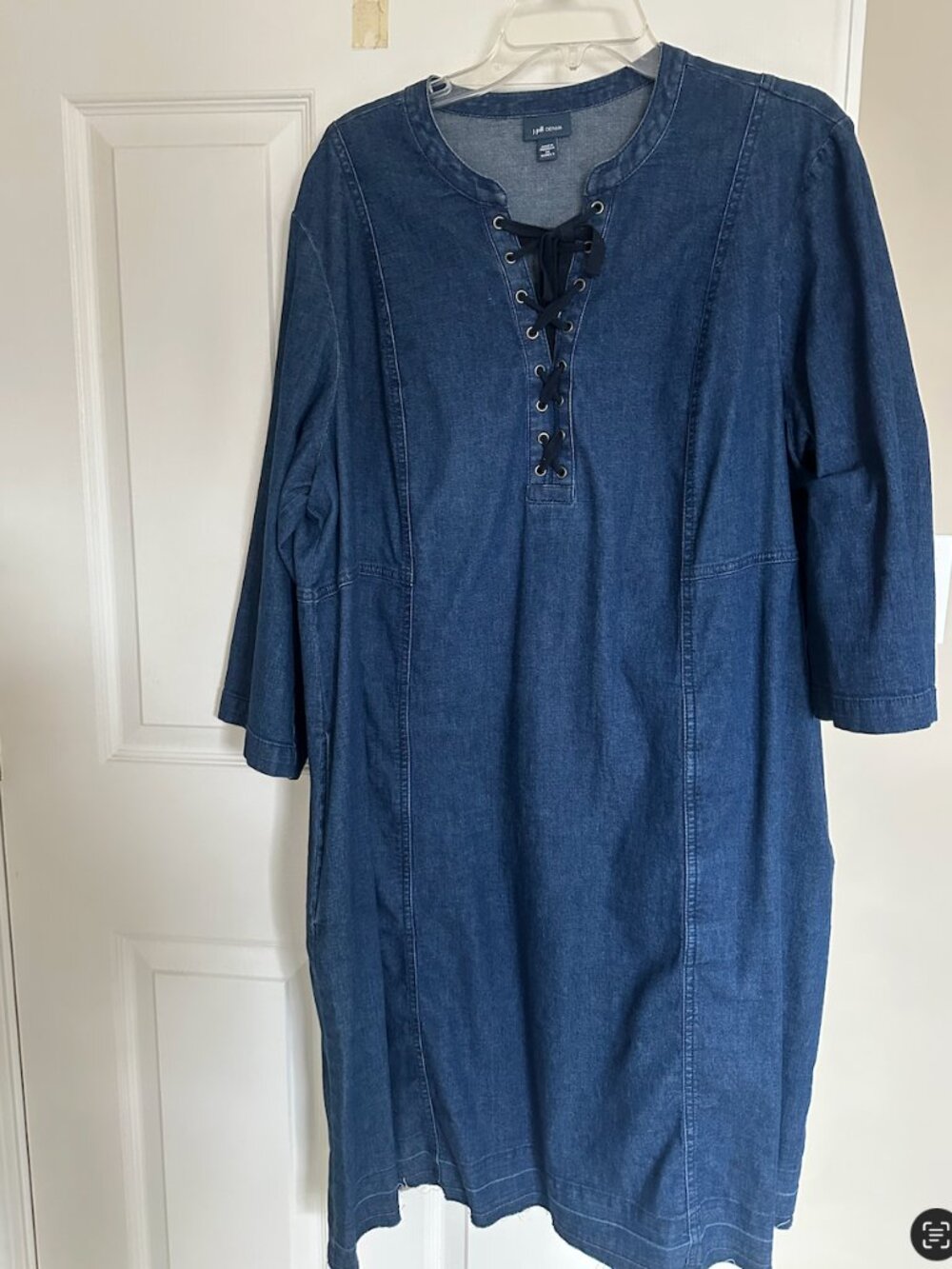 J.Jill Denim Dress Lace Up Neck 3/4 Sleeve Blue 2X